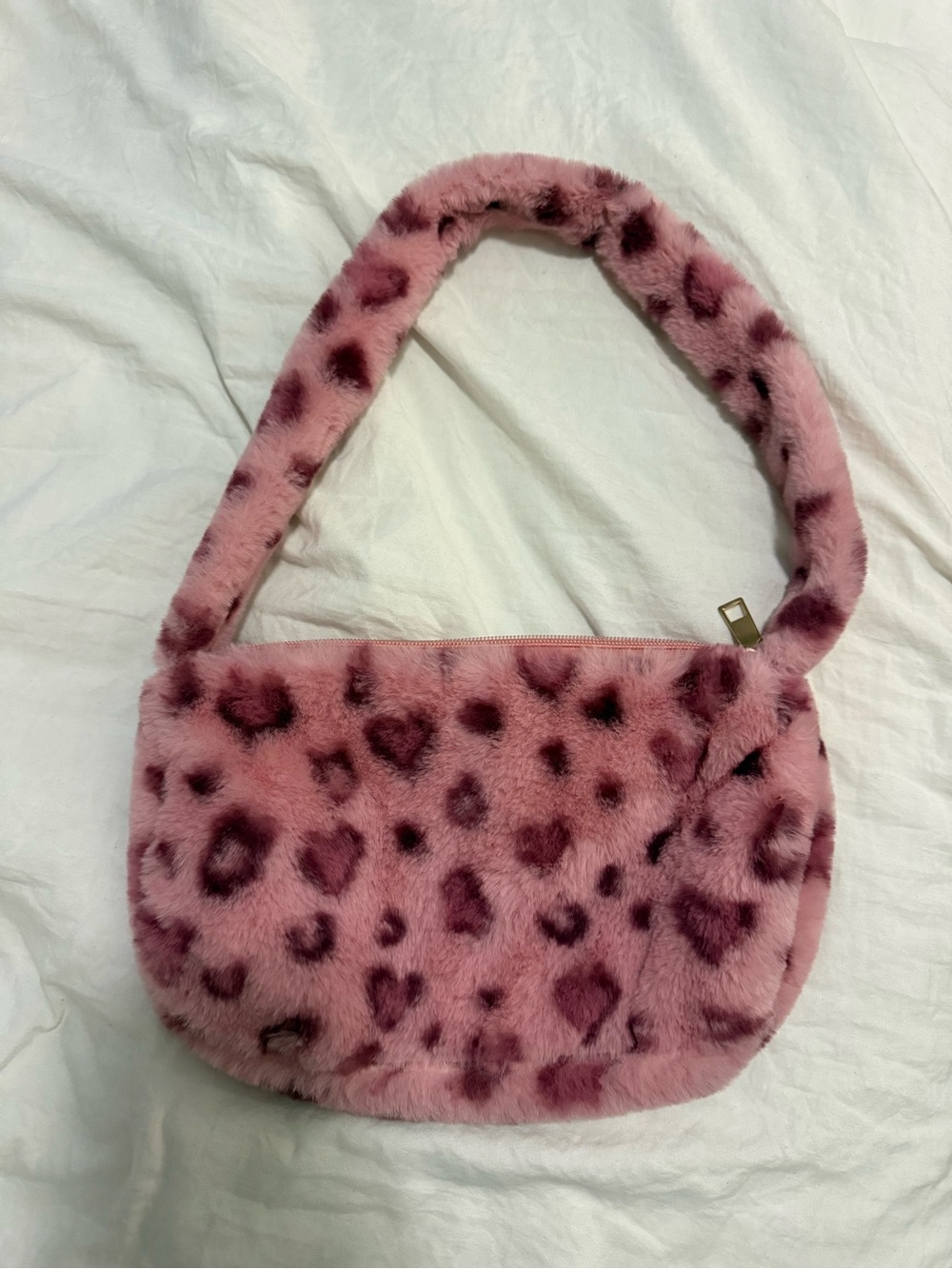 SHEIN Pink Faux-Fur Heart Print Shoulder Bag